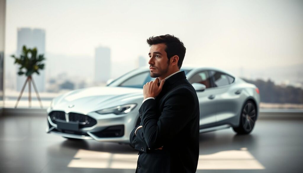 A well-lit, high-quality rendering of a person standing in front of a car, deep in thought, evaluating their options between purchasing or leasing the vehicle. The foreground features the person's pensive expression and body language, conveying the decision-making process. The middle ground showcases the car, a sleek, modern design that complements the scene. The background is softly blurred, with a subtle urban landscape or office setting, suggesting the real-world context of the decision. The lighting is natural and directional, casting subtle shadows and highlights to create depth and atmosphere. The overall tone is contemplative and informative, guiding the viewer through the decision-making process without overt branding or text.